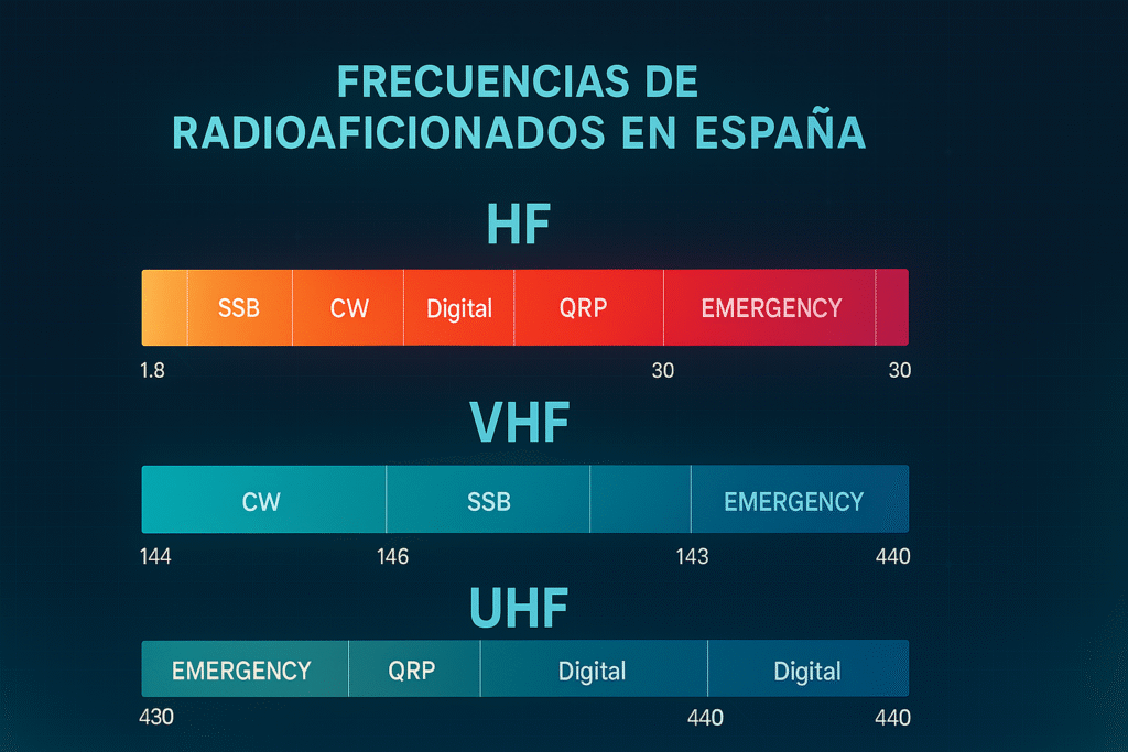 Gráfico de bandas de frecuencias de radioaficionados en España, mostrando espectro HF, VHF y UHF, con etiquetas y usos