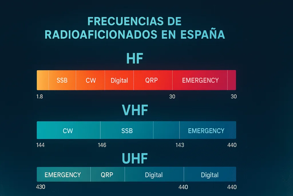 Gráfico de bandas de frecuencias de radioaficionados en España, mostrando espectro HF, VHF y UHF, con etiquetas y usos