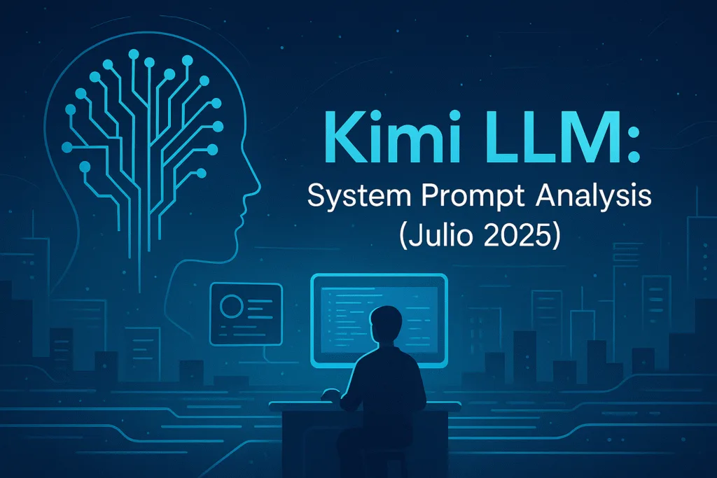 Exploración visual del modelo Kimi LLM en un entorno digital futurista, destacando el título 'Kimi LLM: System Prompt Analysis (Julio 2025)' con estética tecnológica elegante