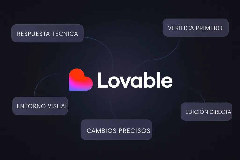 Ilustración técnica de Lovable, un asistente de IA para edición de código React en tiempo real, con su logotipo en el centro y módulos conectados como “React + TS”, “Tailwind”, “shadcn/ui”, “Supabase”, “Recharts” sobre fondo oscuro estilo diagrama técnico