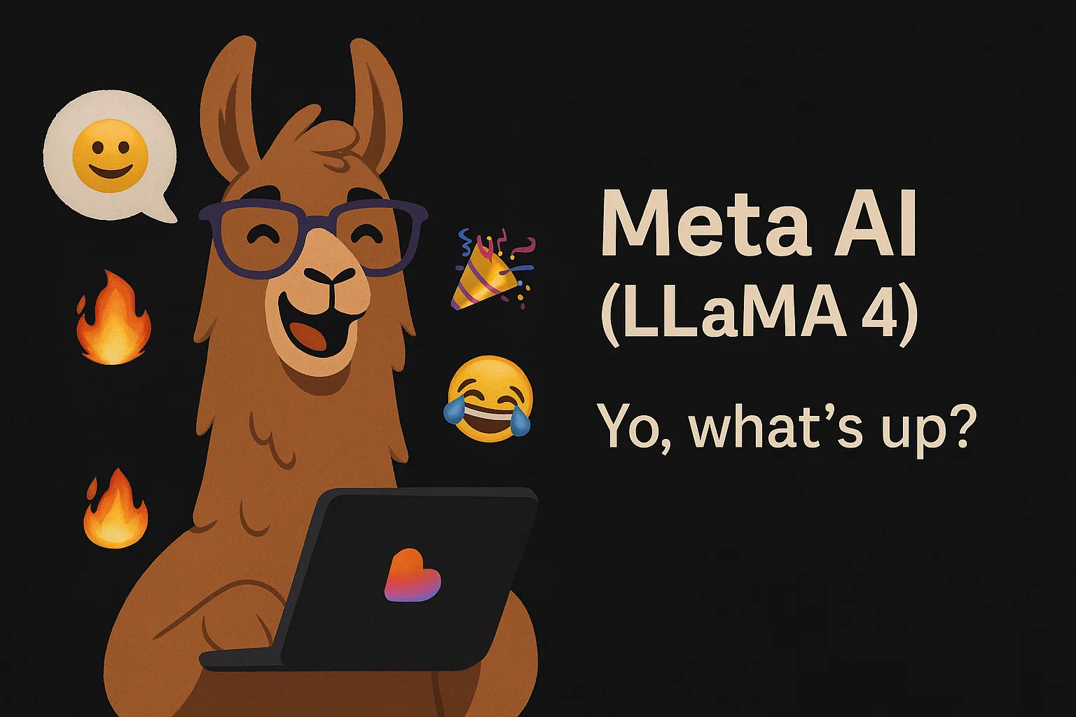 Ilustración conceptual del modelo Meta AI (LLaMA 4) representado como asistente conversacional mimético, con estilo expresivo, emojis y tono informal sobre fondo oscuro.