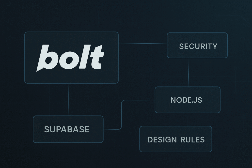 Gráfico técnico con elementos visuales del prompt de Bolt 4: ética, habilidades, estilo, seguridad y búsqueda web