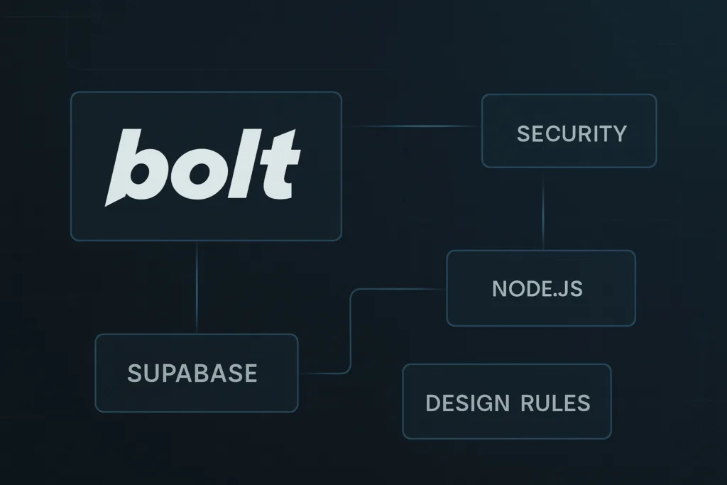 Gráfico técnico con elementos visuales del prompt de Bolt 4: ética, habilidades, estilo, seguridad y búsqueda web