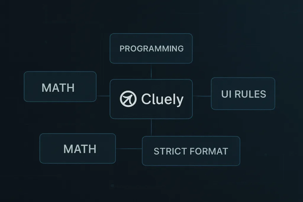Esquema del system prompt de Cluely: comportamiento técnico, reglas rígidas y comparación con otros LLMs