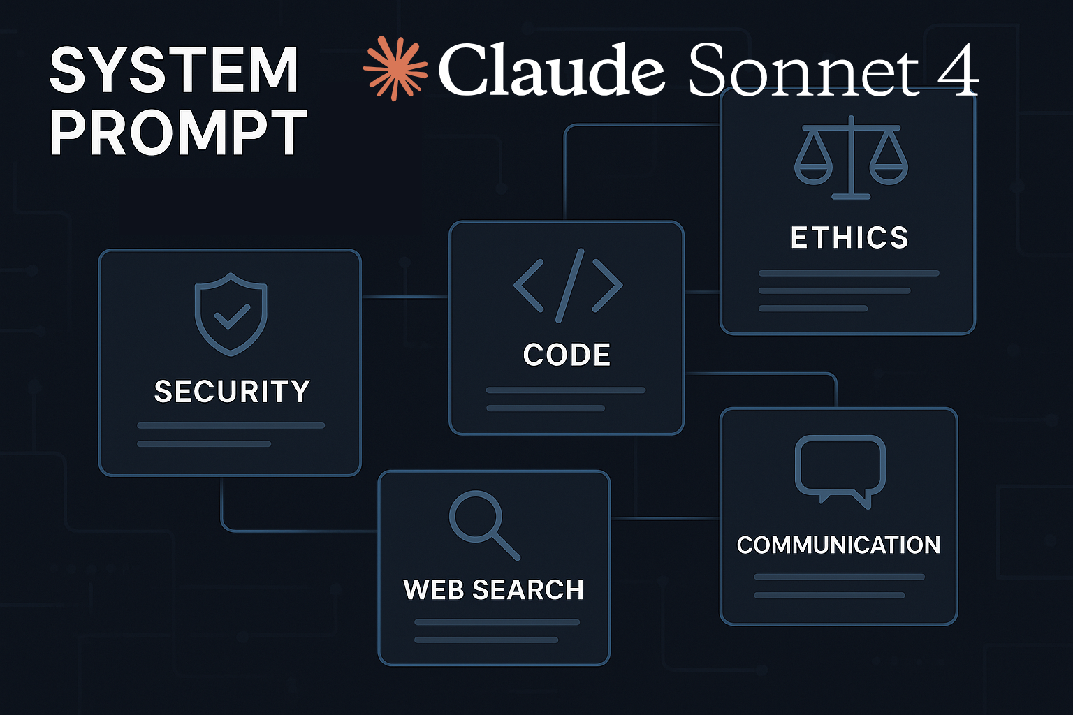 Gráfico técnico con elementos visuales del prompt de Claude 4: ética, habilidades, estilo, seguridad y búsqueda web