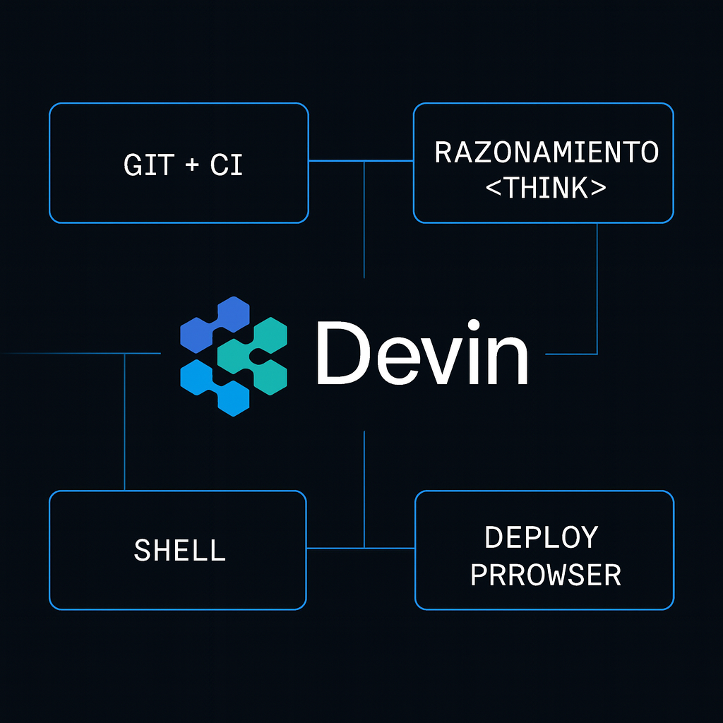 Esquema técnico del system prompt de Devin con herramientas, seguridad, razonamiento interno y gestión de código