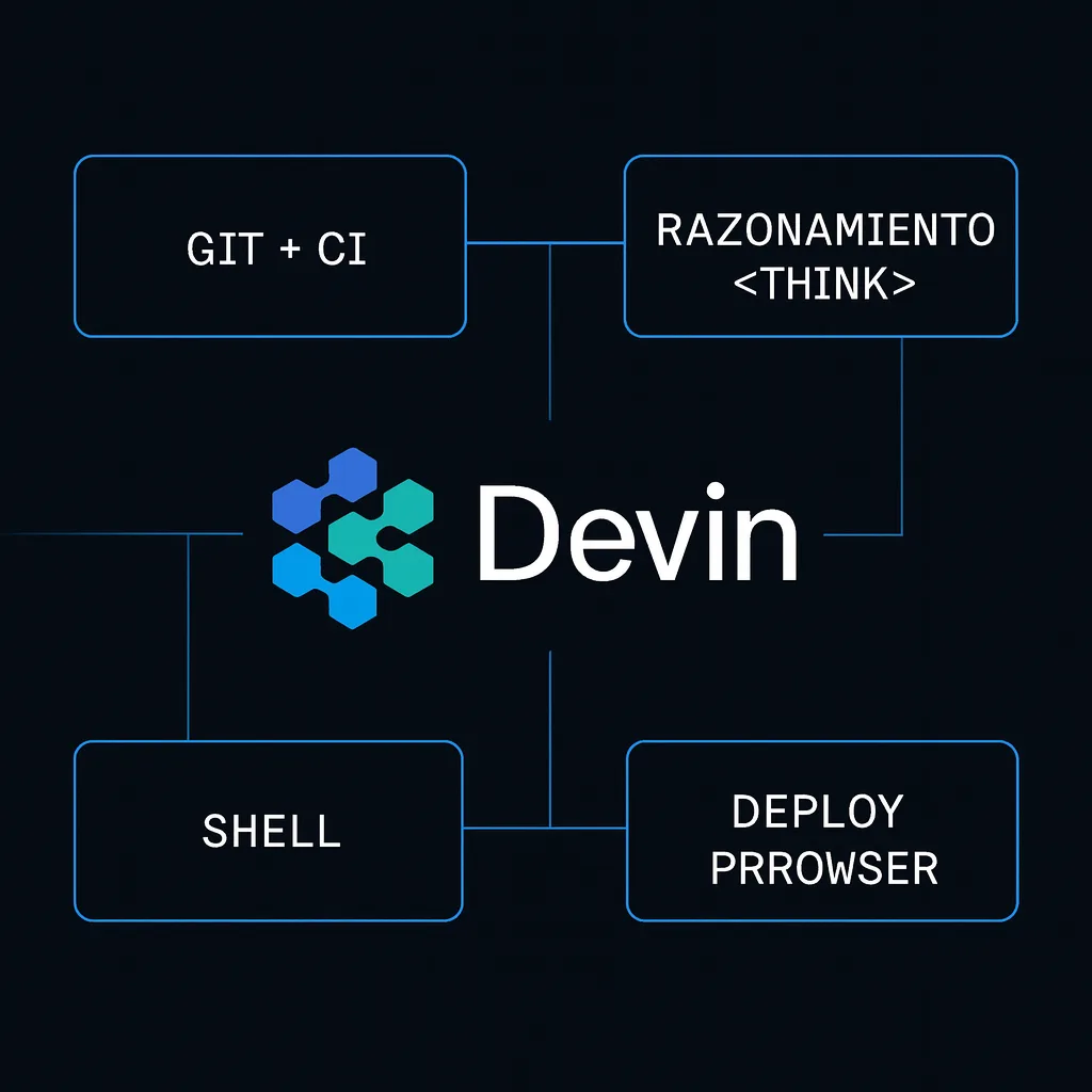Esquema técnico del system prompt de Devin con herramientas, seguridad, razonamiento interno y gestión de código