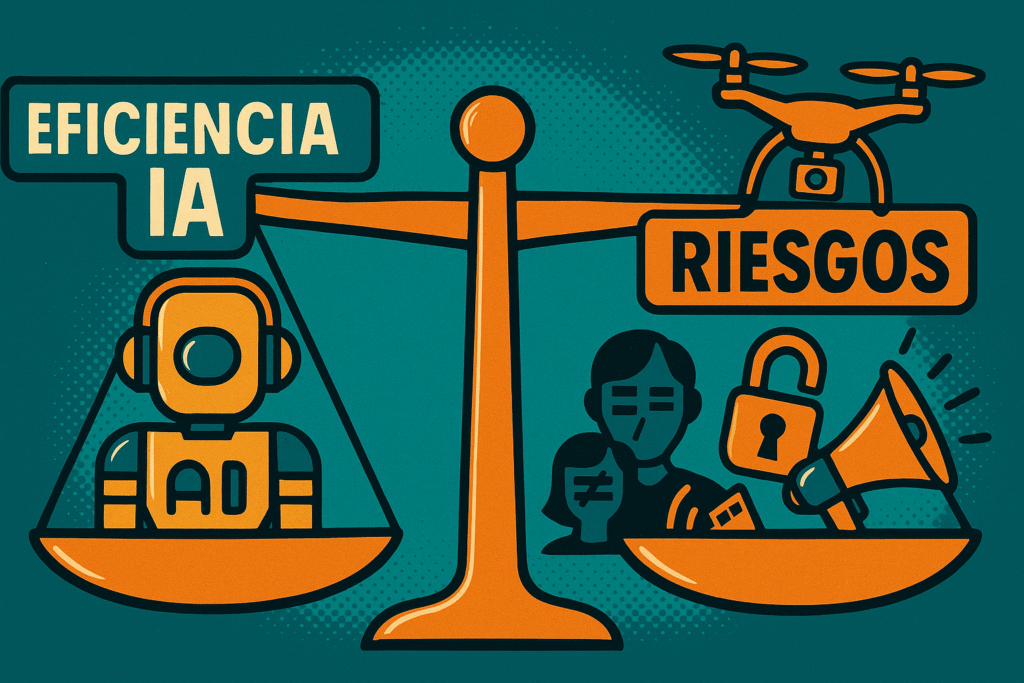 Ilustración pop‑art sobre riesgos de la IA: sesgos, ciberseguridad y desinformación
