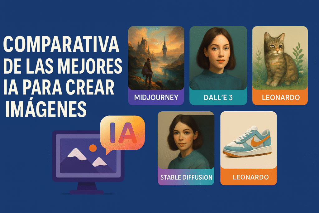 Tabla comparativa de las mejores IA para crear imágenes en 2025, con Midjourney, DALL·E 3, Stable Diffusion y más.