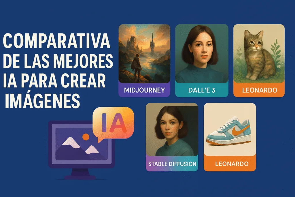 Tabla comparativa de las mejores IA para crear imágenes en 2025, con Midjourney, DALL·E 3, Stable Diffusion y más.