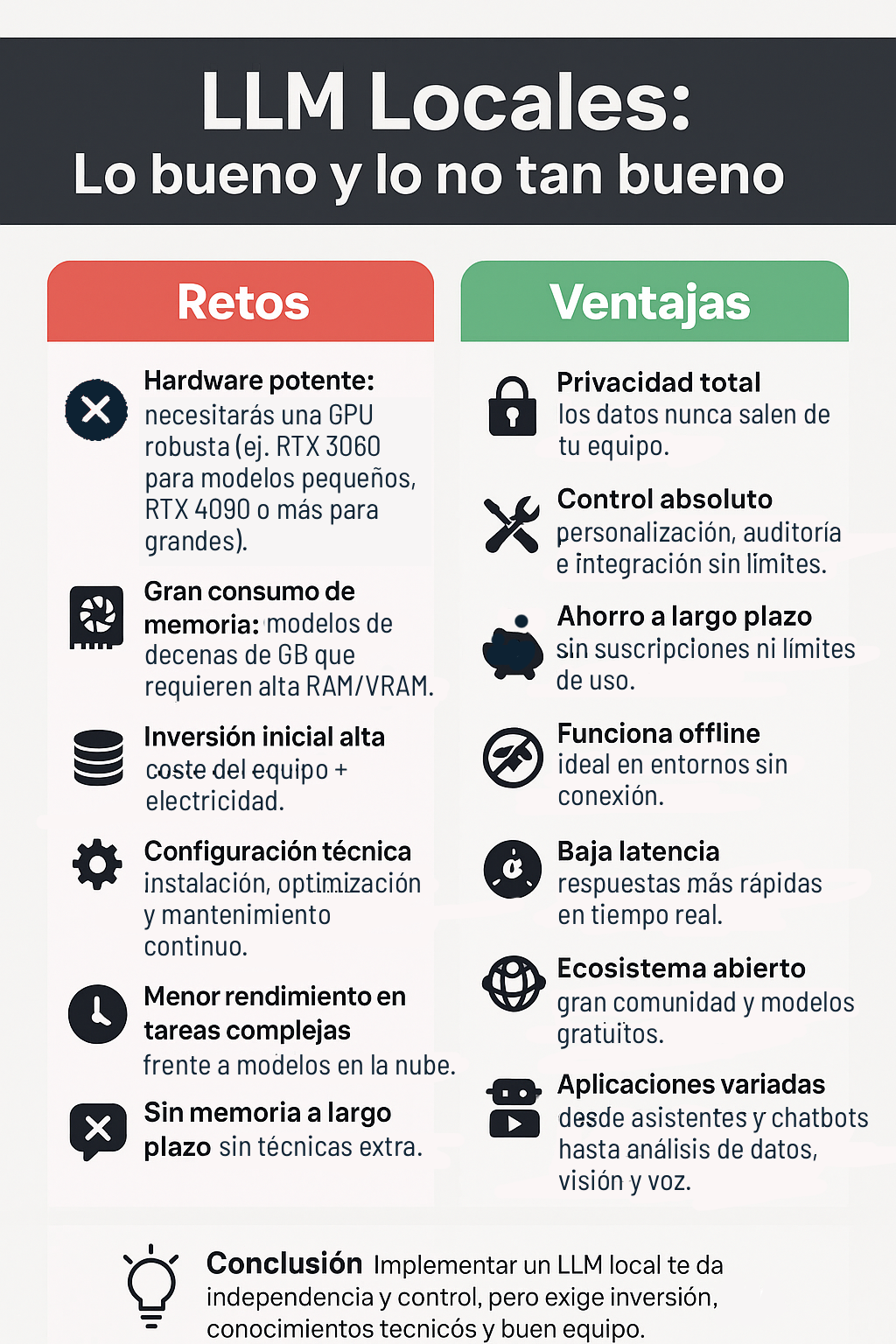 Infografía con las ventajas y retos de implementar un modelo de lenguaje local