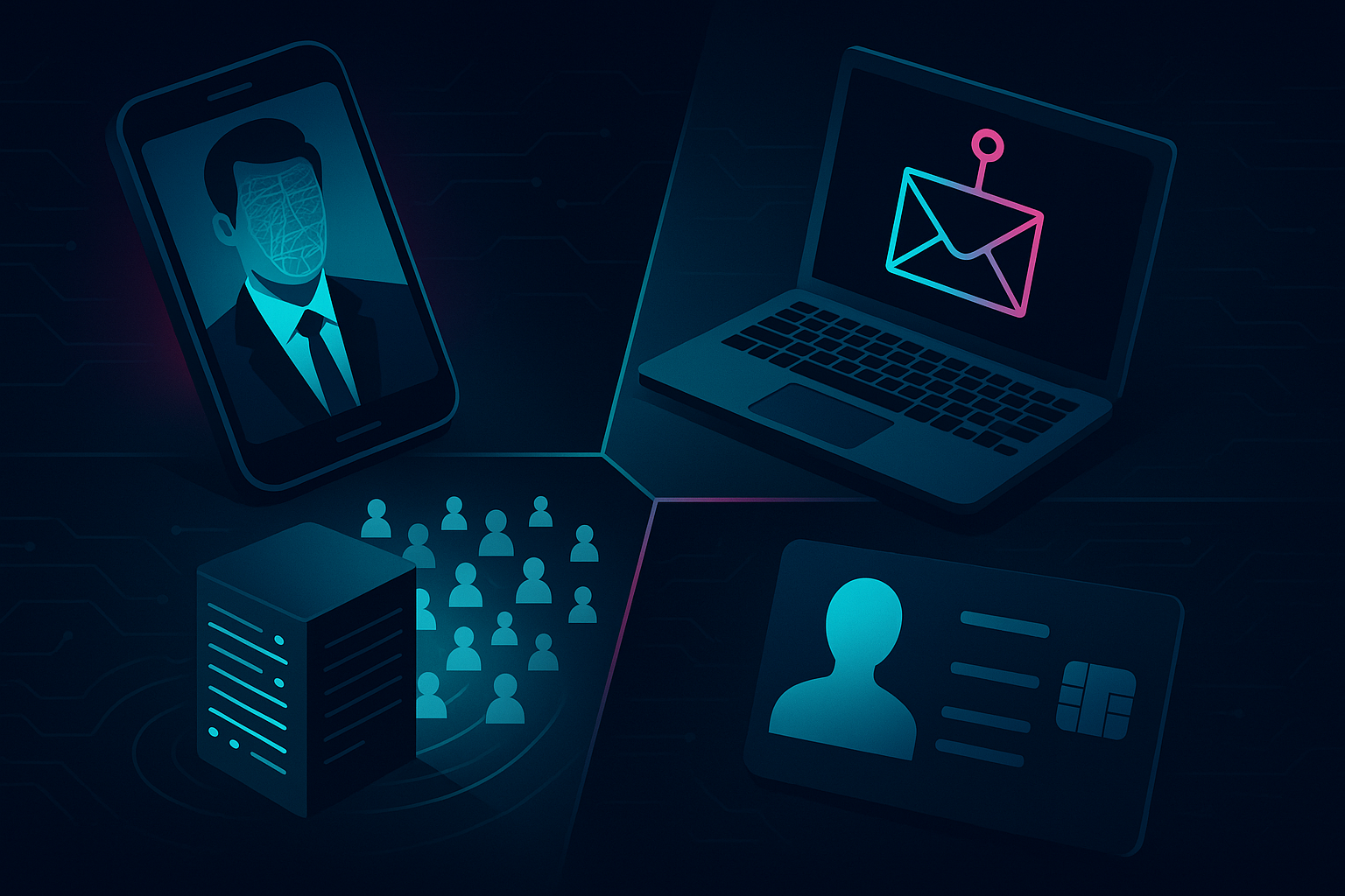 Concepto de delitos con inteligencia artificial: deepfakes, phishing, bots y malware sobre mapa digital