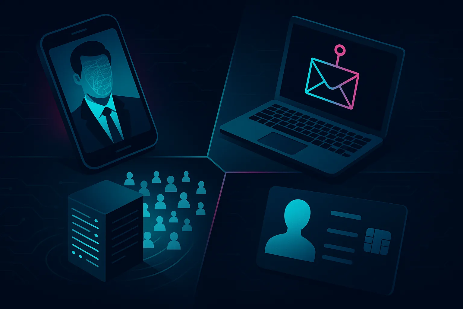 Concepto de delitos con inteligencia artificial: deepfakes, phishing, bots y malware sobre mapa digital