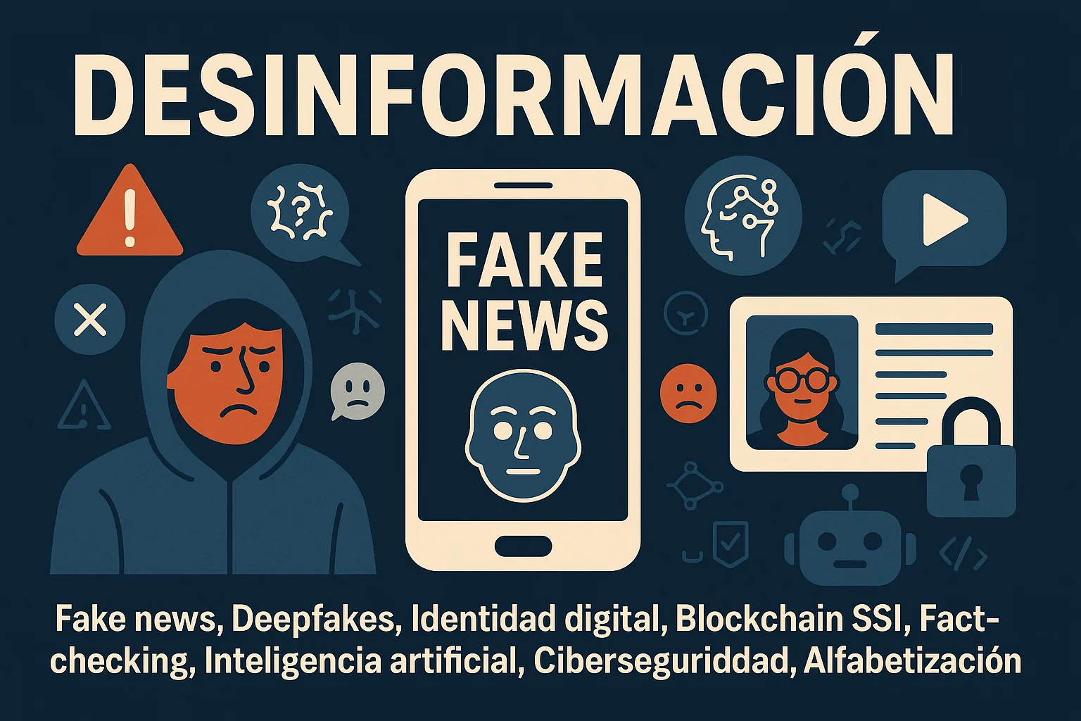 Infografía conceptual sobre desinformación, deepfakes e identidad digital, con ilustraciones de noticias falsas, manipulación audiovisual y protección de datos en un entorno digital.