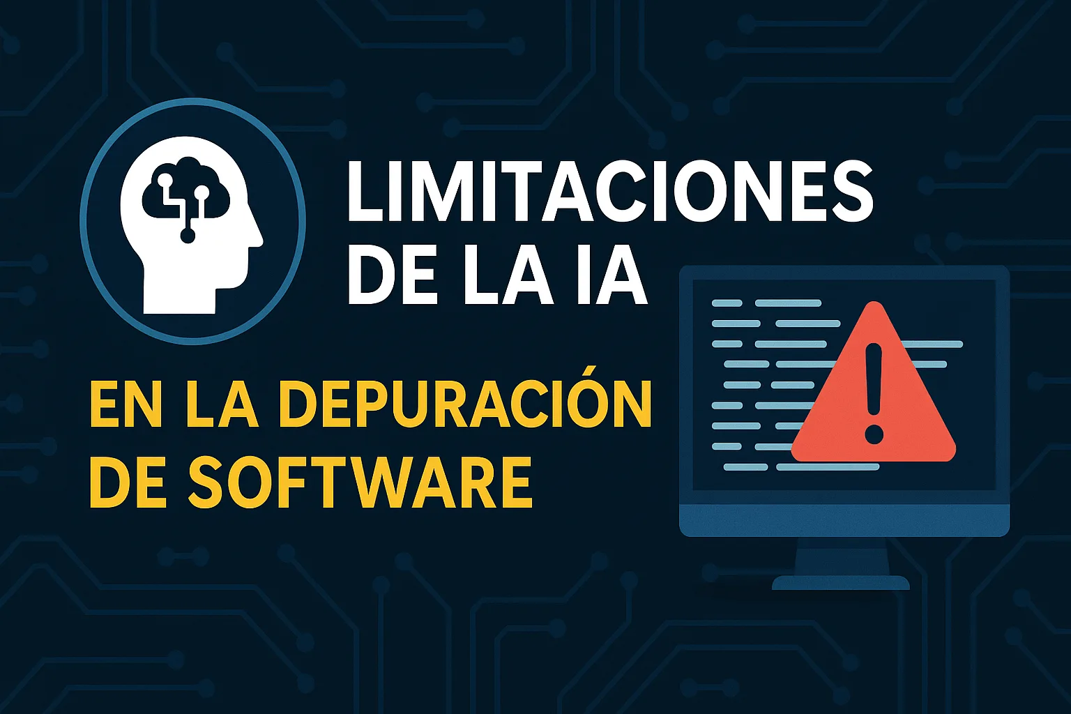 Imagen de portada 16:9 con fondo azul oscuro y patrones de circuito. A la izquierda, icono de cabeza con chip representando inteligencia artificial y texto “Limitaciones de la IA en la depuración de software”. A la derecha, monitor con código y símbolo de advertencia rojo.