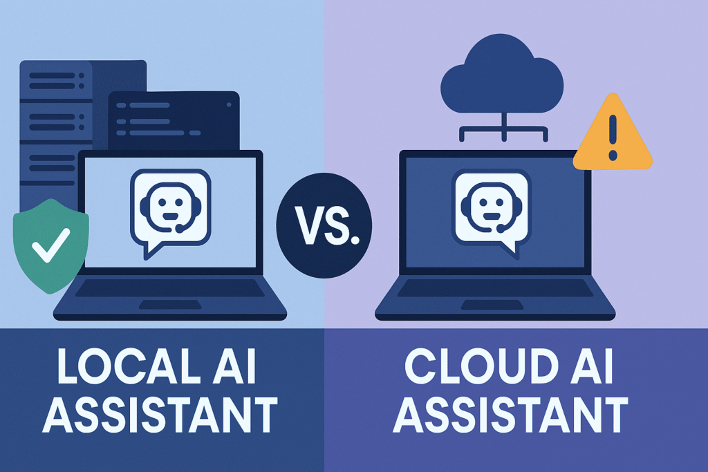 Ilustración comparativa entre asistente de IA local y asistente de IA en la nube, mostrando diferencias en privacidad, configuración y rendimiento, ideal para artículo sobre modelos LLM y opciones de inteligencia artificial.
