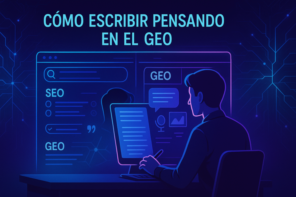 ilustración digital futurista en formato 16:9 donde un escritor trabaja frente a un dispositivo alimentado por IA. La escena está dividida en dos: a la izquierda aparecen elementos tradicionales de SEO (barra de búsqueda, listas de enlaces); a la derecha, resultados generativos con burbujas de chat, iconos de voz y gráficos. El fondo muestra patrones de redes neuronales y elementos holográficos en tonos azules, púrpuras y neón, reforzando el concepto de GEO.