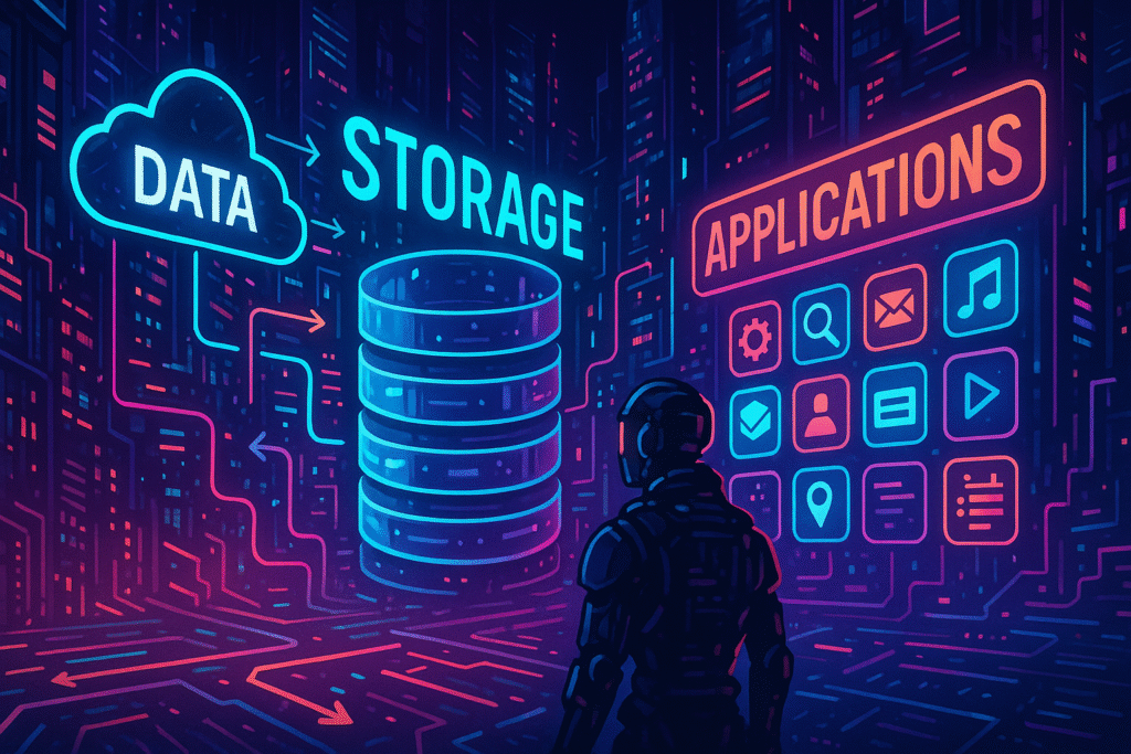 Diagrama comparativo de opciones de almacenamiento de datos para aplicaciones: local, Docker, nube, VPS y Kubernetes