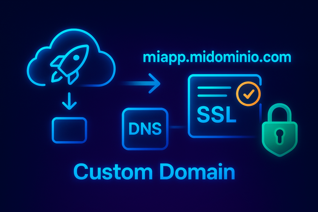 Diagrama visual del flujo de configuración de un dominio personalizado en Google Cloud Run con registros DNS y SSL automático