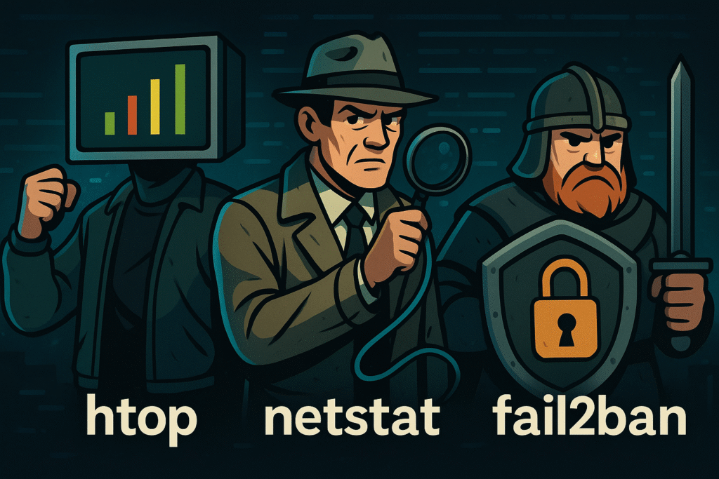 Ilustración cómica de tres personajes que representan las herramientas Linux htop, netstat y fail2ban