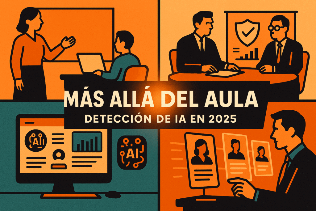 Ilustración conceptual de la detección de IA en distintos sectores educación, marketing, empresas y RRHH en 2025.png