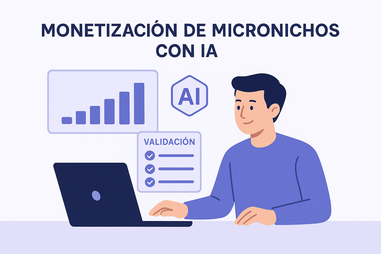 Ilustración minimalista de emprendedor latinoamericano monetizando micronichos con inteligencia artificial, gráficos de ingresos y laptop moderna.