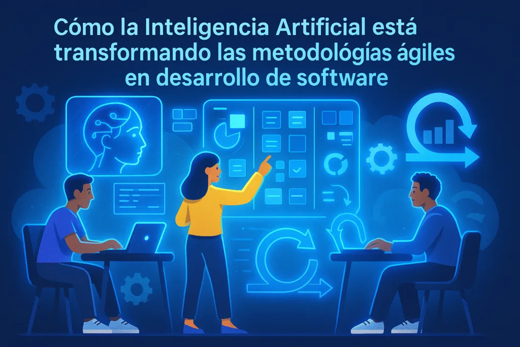 Ilustración minimalista de equipos ágiles trabajando junto a una IA como copiloto digital en desarrollo de software.