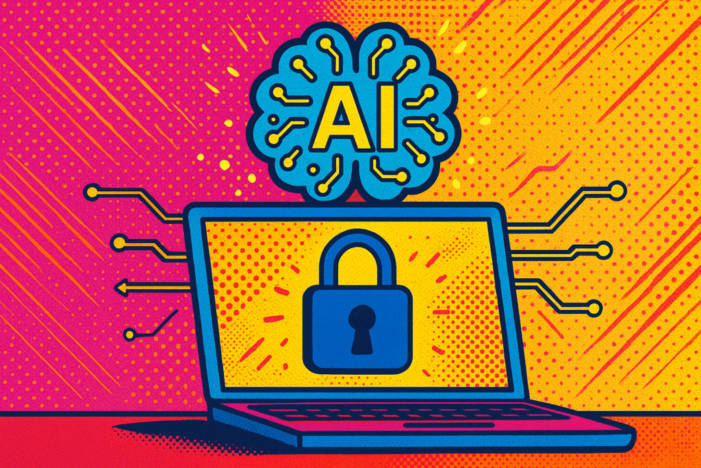 Ilustración popart que representa la seguridad en aplicaciones con IA, con candado digital, laptop