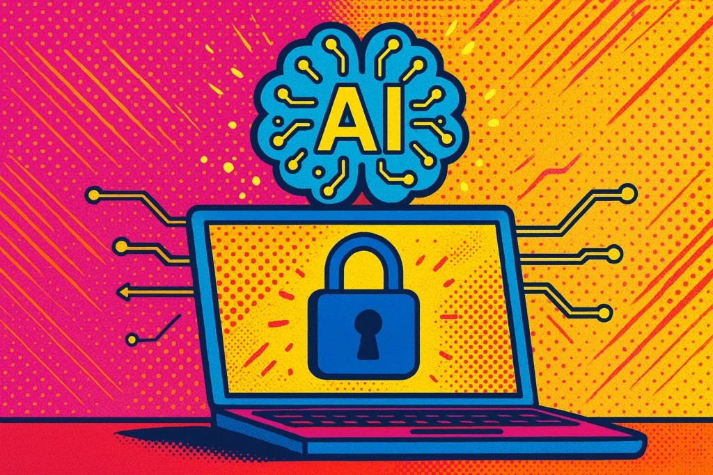 Ilustración popart que representa la seguridad en aplicaciones con IA, con candado digital, laptop