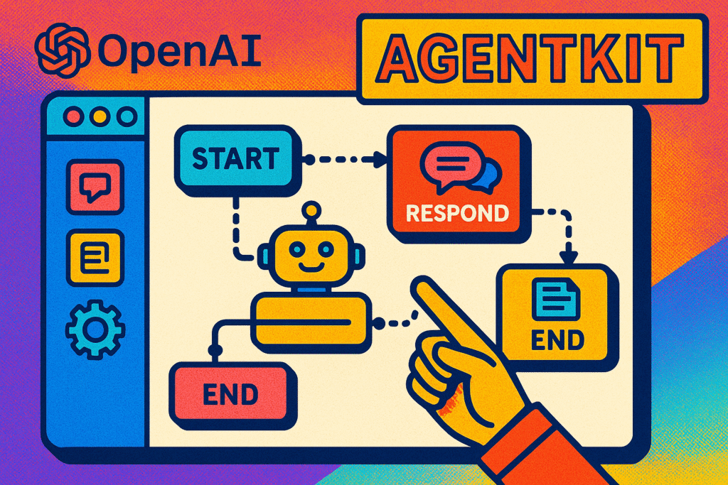 Interfaz visual moderna de OpenAI AgentKit mostrando bloques conectados para crear un agente de inteligencia artificial con diseño popart