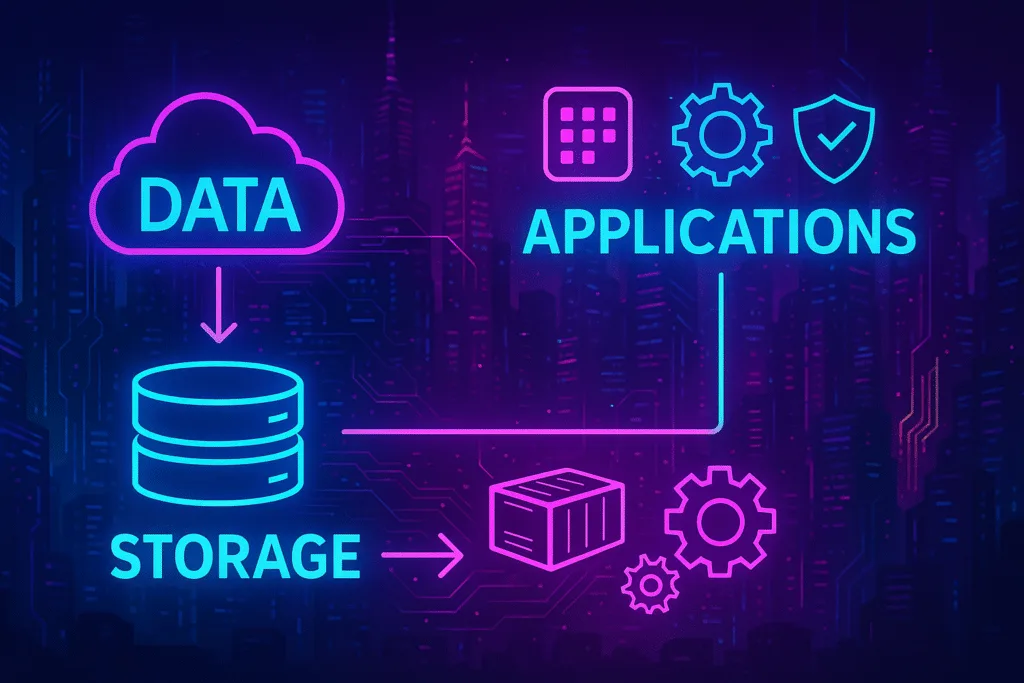 Arquitectura ciberpunk 16:9 que conecta DATA → STORAGE → APPLICATIONS en un despliegue con Docker y PostgreSQL