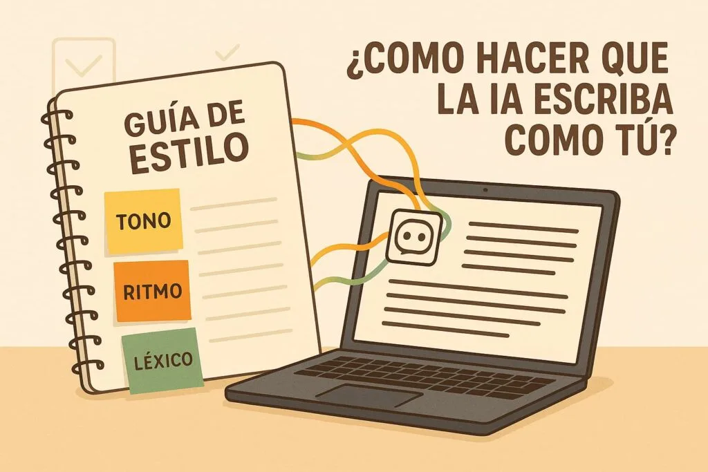 IA escribiendo con la voz del autor guiada por una libreta de estilo, tonos cálidos y fondo minimalista