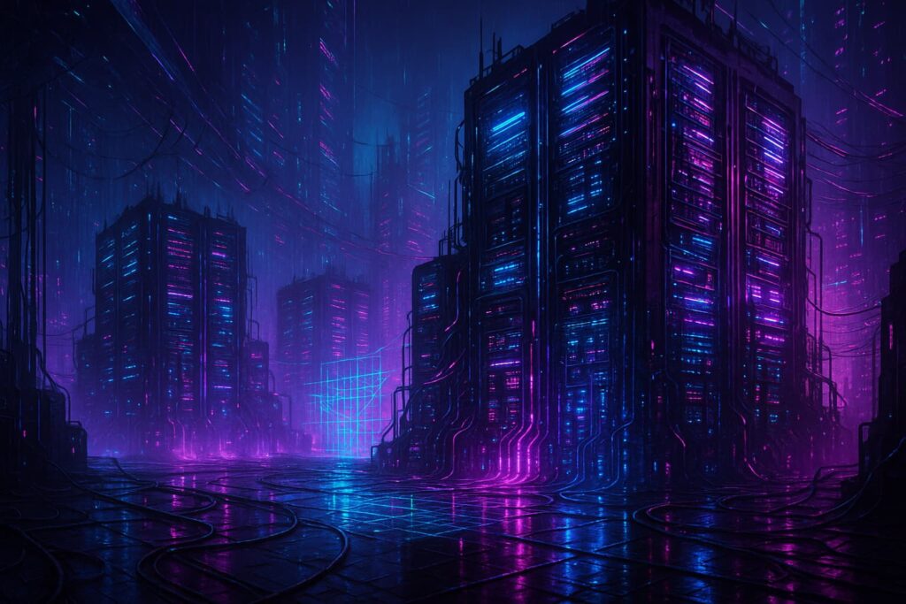 Ilustración ciberpunk de megacentro de datos futurista iluminado con neones