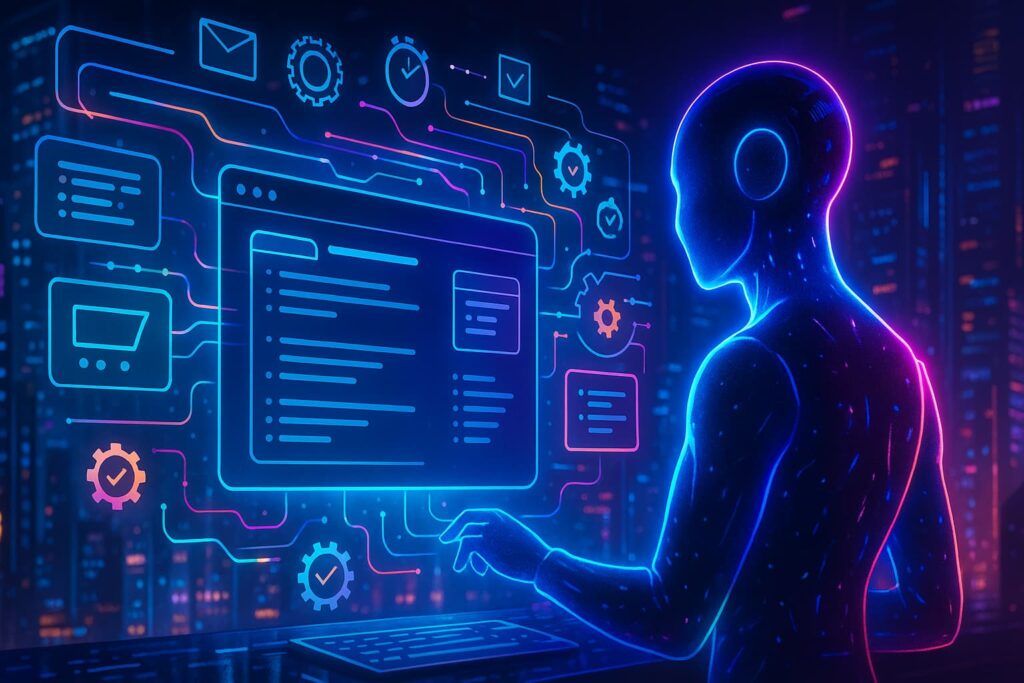 Ilustración ciberpunk de un navegador agéntico gestionando tareas autónomas en la web