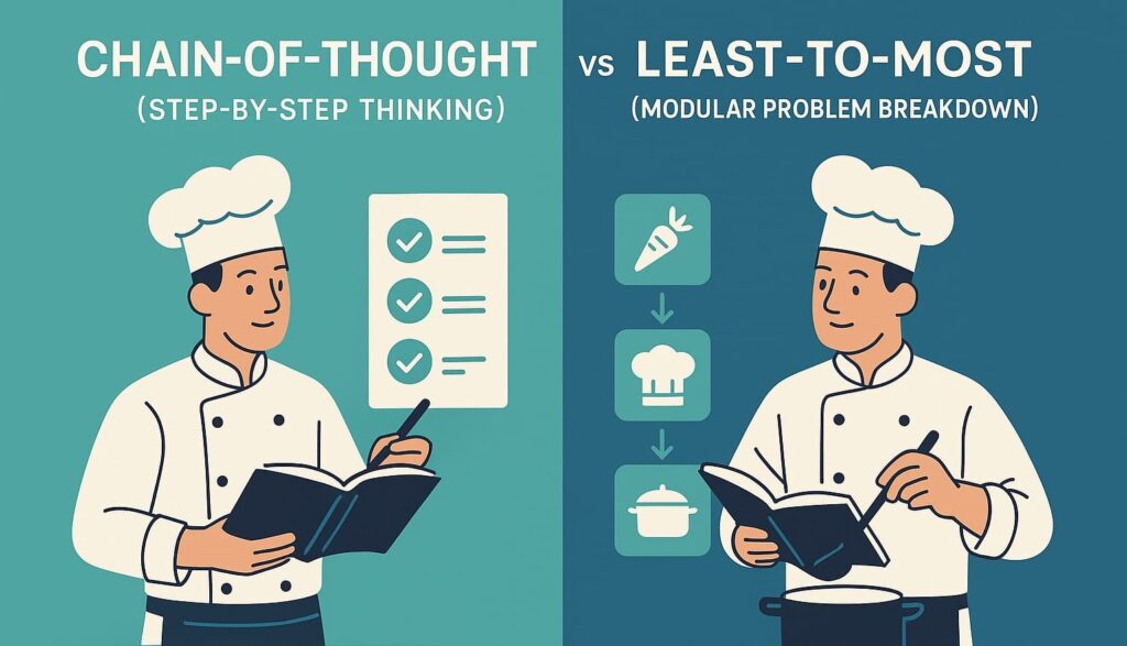 Ilustración comparativa entre Chain-of-Thought y Least-to-Most Prompting para resolver problemas complejos con IA