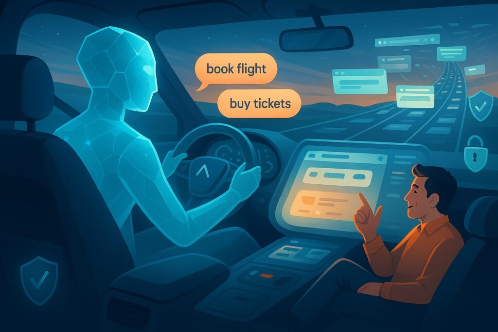 Ilustración de un agente de IA navegando y ejecutando tareas web por el usuario