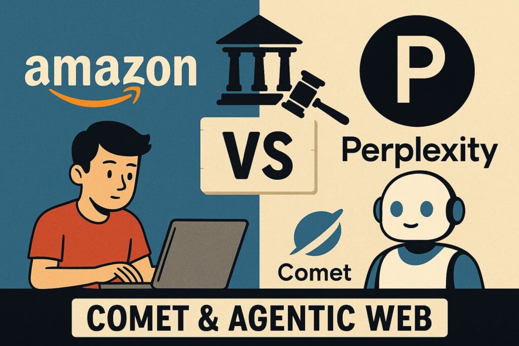Ilustración digital de Amazon y Perplexity enfrentándose por el control de la Web Agéntica.