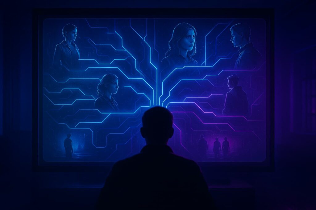 Ilustración futurista sobre series interactivas impulsadas por IA