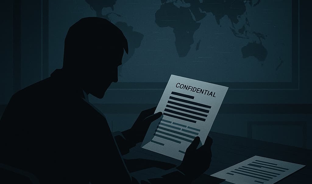 Ilustración oscura estilo think-tank sobre inteligencia artificial ofensiva y geopolítica