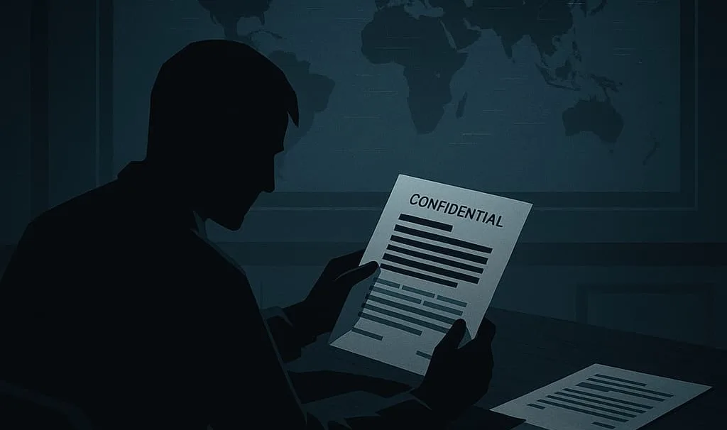 Ilustración oscura estilo think-tank sobre inteligencia artificial ofensiva y geopolítica