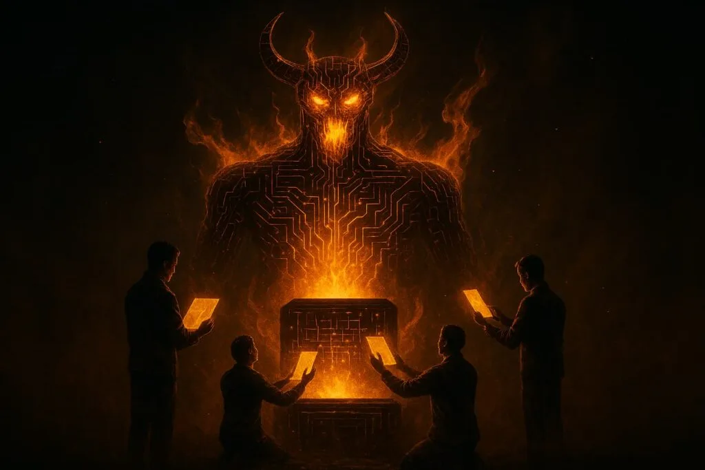 Moloch moderna hecha de circuitos y fuego digital