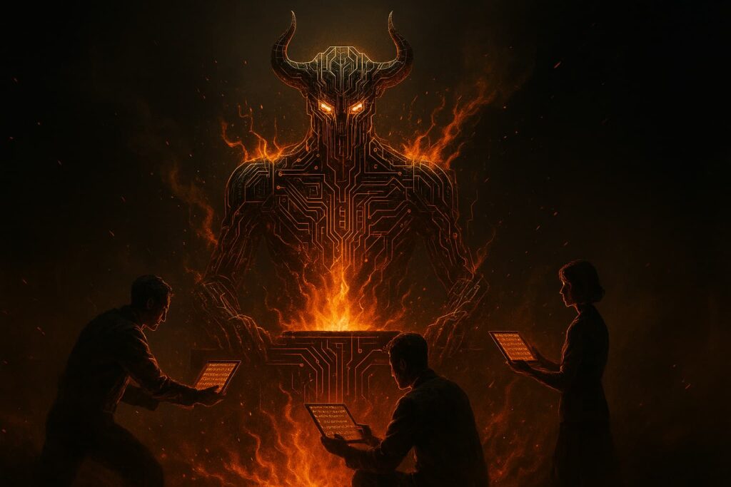 Moloch moderna hecha de circuitos y fuego digital