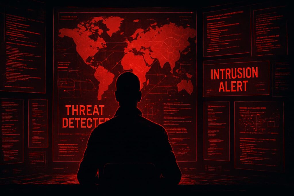 Representación conceptual de un ataque autónomo de inteligencia artificial estilo thriller tecnológico