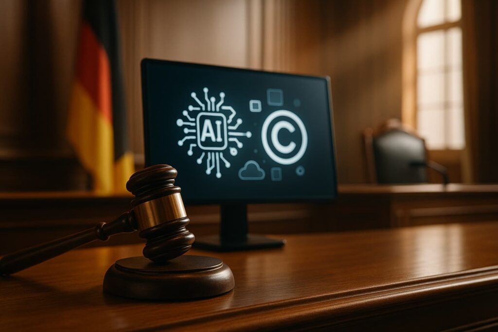 Sala de tribunal con símbolos de IA y copyright usados para ilustrar casos de infracción.