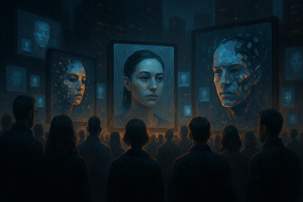 na multitud observando pantallas luminosas que proyectan rostros falsos