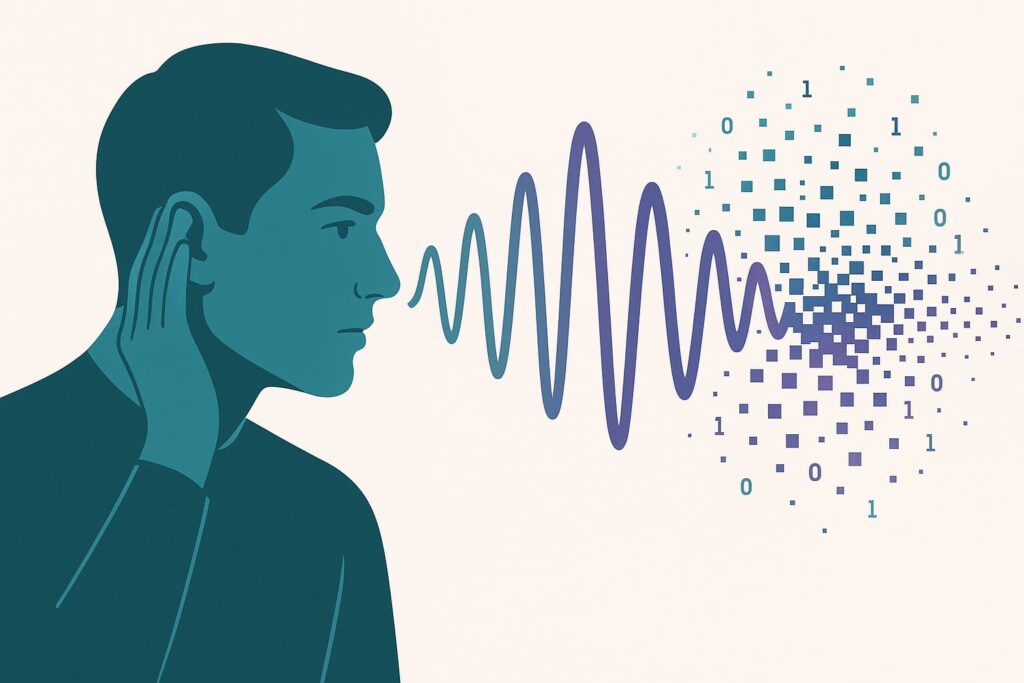 persona escuchando una onda de sonido que se convierte en datos digitales, simbolizando la detección de voces IA