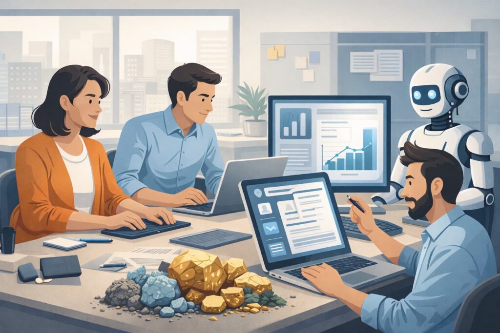 Personas trabajando con inteligencia artificial en oficina moderna