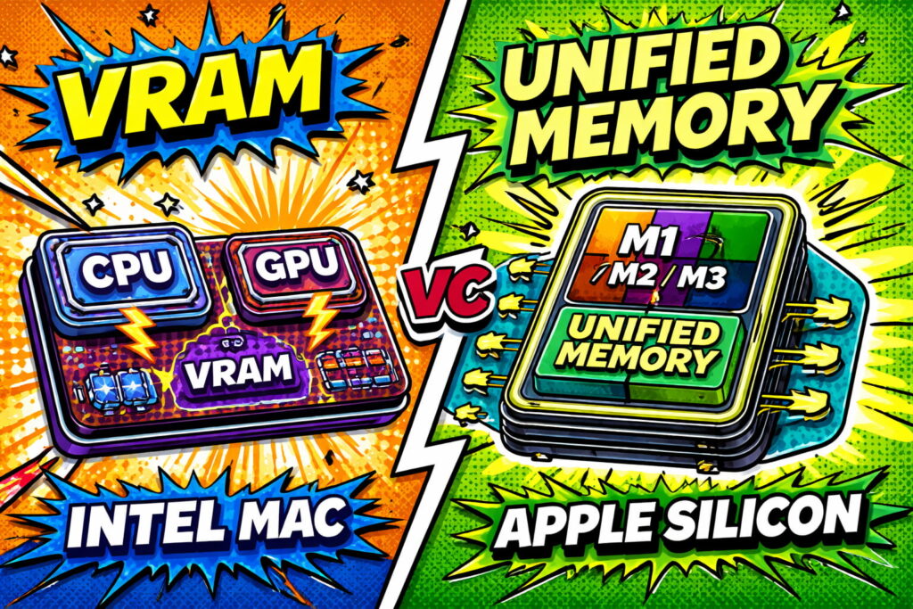 Arquitectura de memoria unificada Apple Silicon comparada con VRAM dedicada en Mac Intel