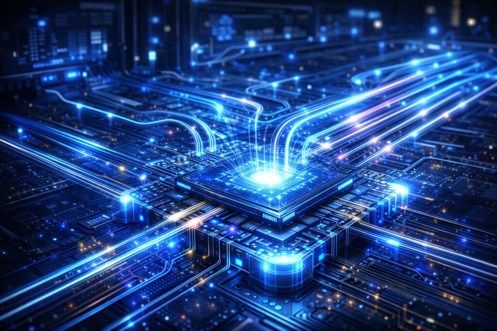 Chip fotónico con circuitos de luz y conexiones ópticas azules brillantes