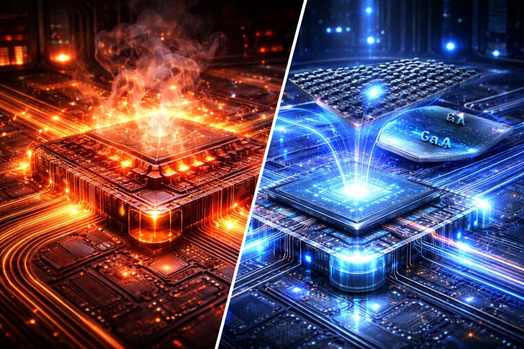 Comparativa visual entre chip de silicio tradicional y chip fotónico con materiales avanzados